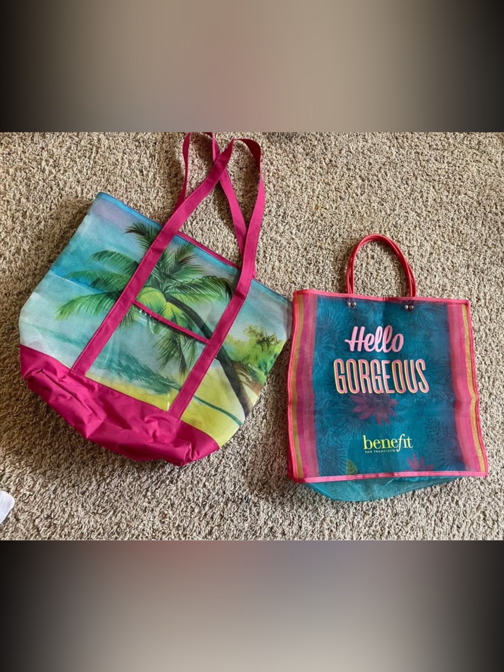 Benefit Pink & Teal 'Hello Gorgeous' Beach Semi Mesh Tote Bag